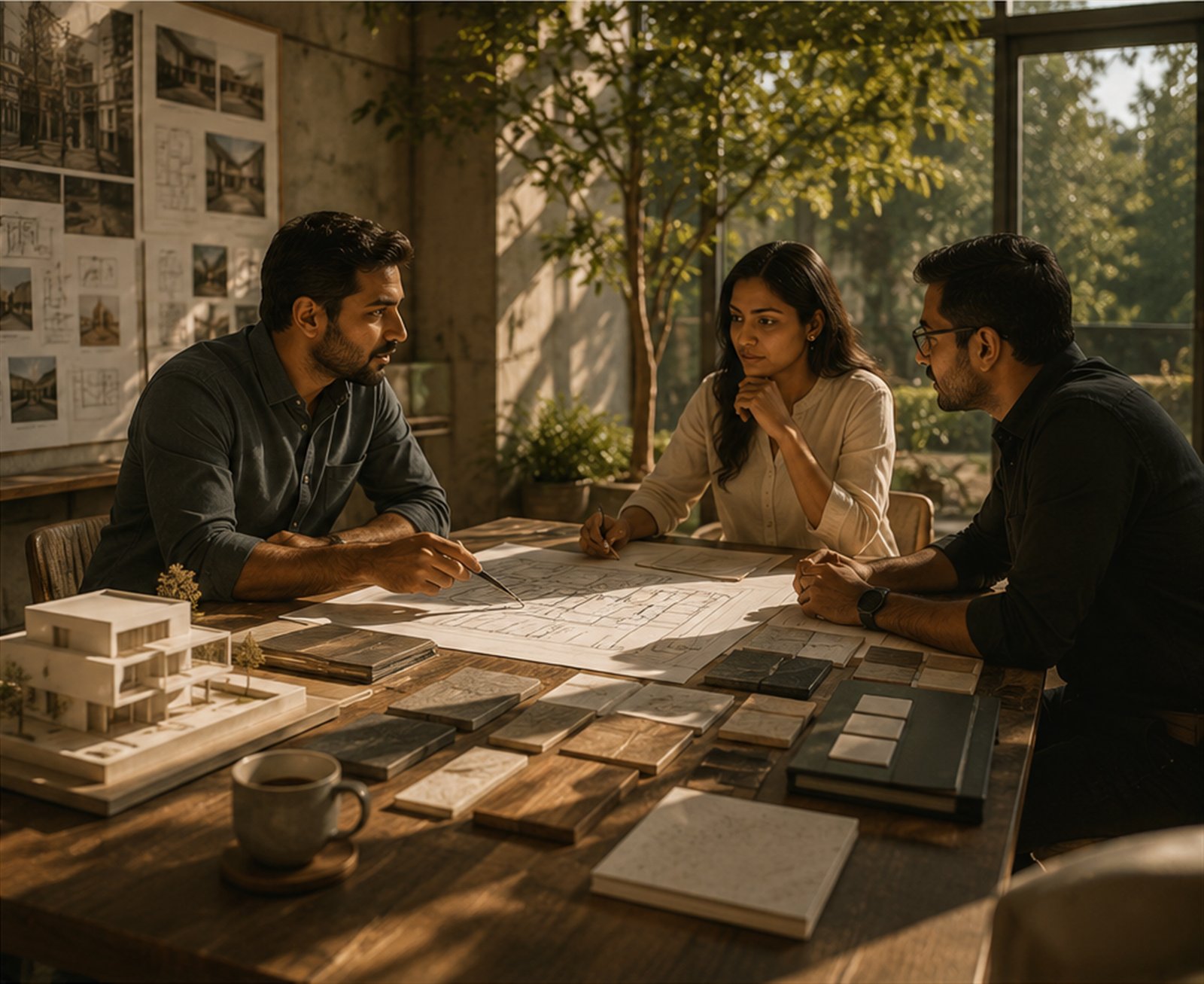 Architects and clients discussing a plan in a sunlit studio